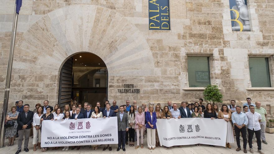 A la izquierda, los grupos del PP y Vox; a la derecha, PSPV y Compromís, durante el minuto de silencio por los asesinatos de dos mujeres en Orihuela y Castellón.