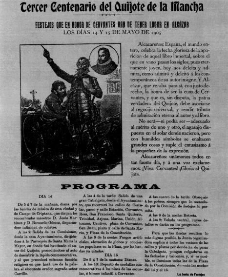 Cartel original custodiado en el Archivo Histórico de Alcázar de San Juan con el
programa de actos por el Tercer Centenario de El Quijote