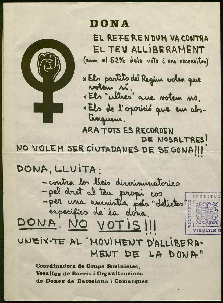 Propaganda feminista a favor de la abstención de las mujeres en el referéndum de la ley de reforma política de finales del 76.