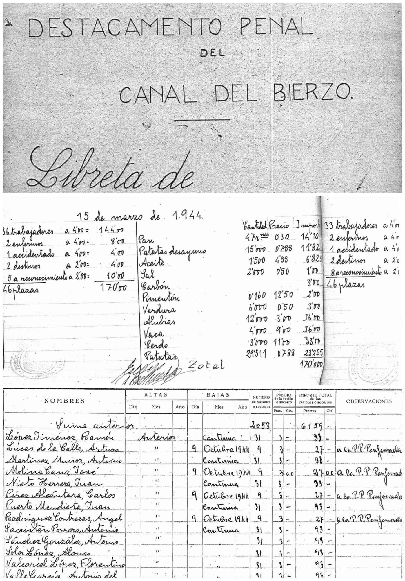 Libreta de racionado del Destacamento Penal del Canal del Bierzo, control de trabajadores y costes de los alimentos y los "socorros" recibidos.