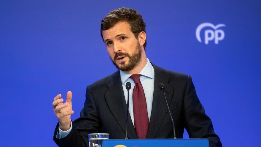 El líder del PP, Pablo Casado, en una imagen de archivo en la sede de la calle Génova, en Madrid. EFE/Rodrigo Jiménez