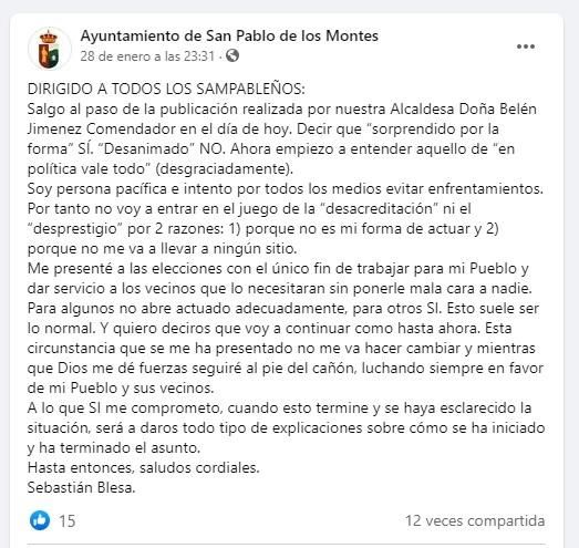 Captura de pantalla de la segunda publicación en el perfil de Facebook del Ayuntamiento de San Pablo de los Montes