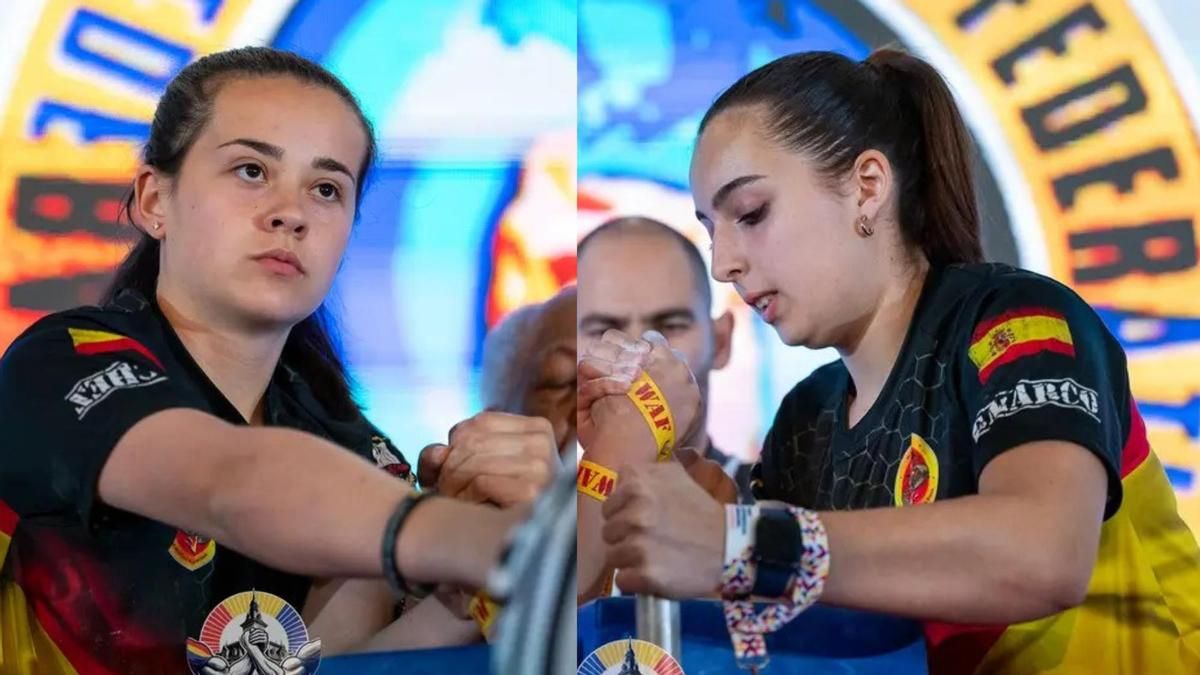 Las deportistas de lucha de brazos, Iratxe Sánchez (izquierda) y Vera Marcomora (derecha) compitiendo en Rumanía.
