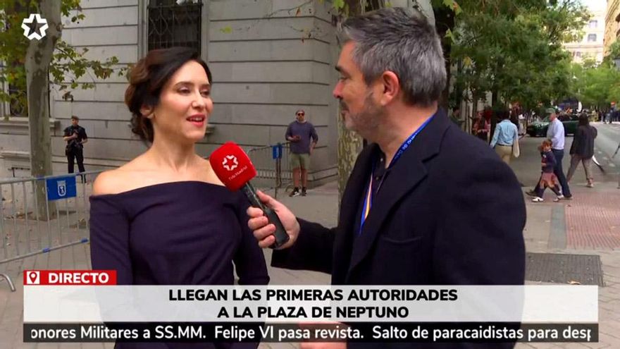 Polémica entrevista de Telemadrid a Ayuso en el desfile militar del 12 de octubre: "No es por malmeter..."