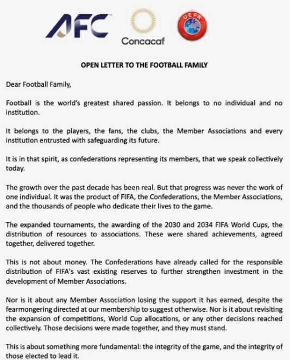 La carta de la AFC, UEFA y CONCACAF contra Infantino.
