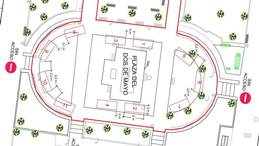 Propuesta de la Junta de Centro de distribución de los puestos del mercadillo en el foso del Dos de Mayo y de cierre con vallas (en rojo) de todo su perímetro, dejando sólo una entrada y una salida por la calle Daoíz