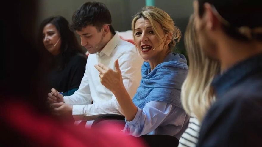 La vicepresidenta segunda, ministra de Trabajo y Economía Social, Yolanda Díaz en el diálogo 'Jóvenes, empleo y futuro', este 23 de enero de 2023, en Madrid. 