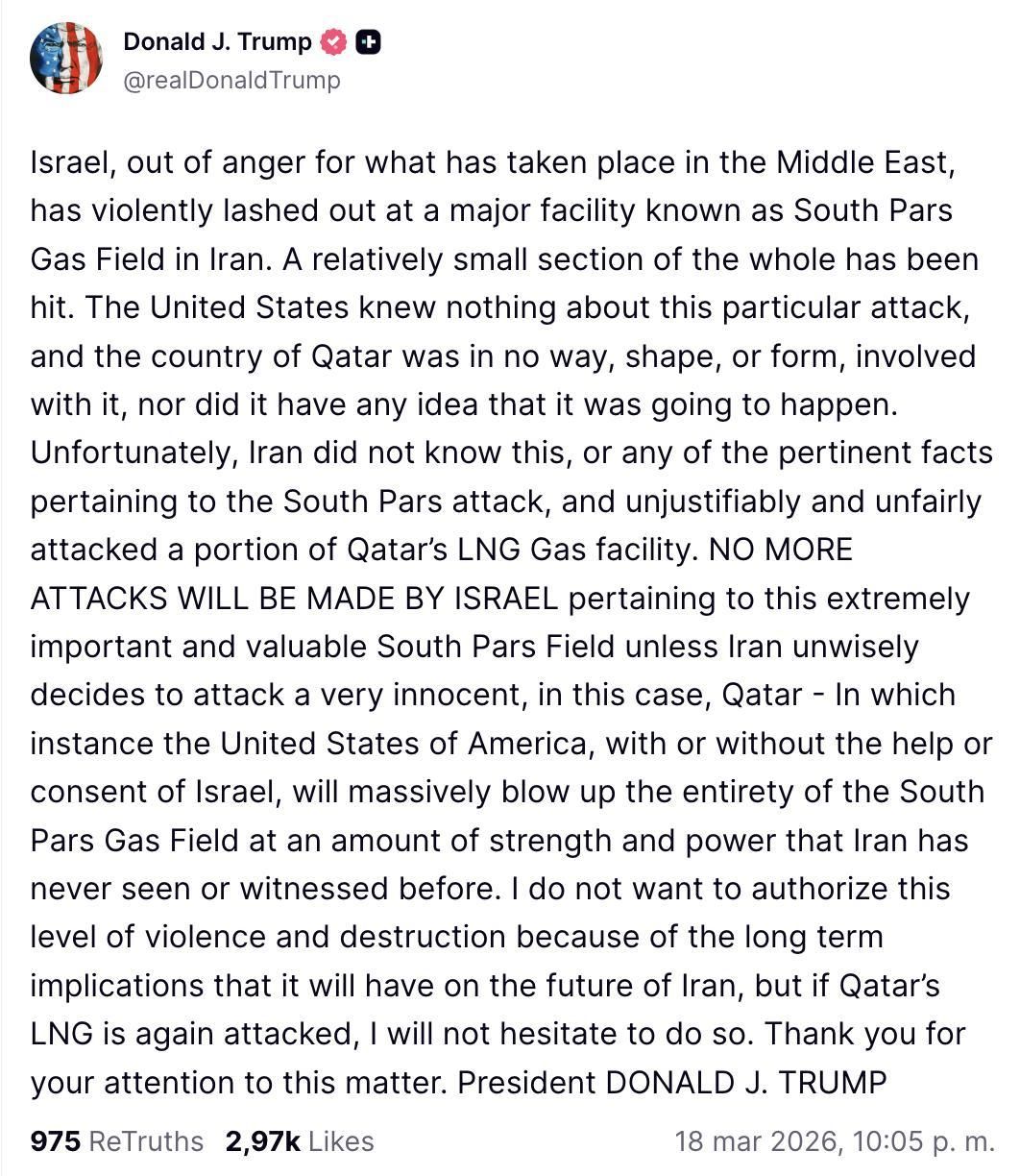 Truth Social de Trump sobre Pars Sur.