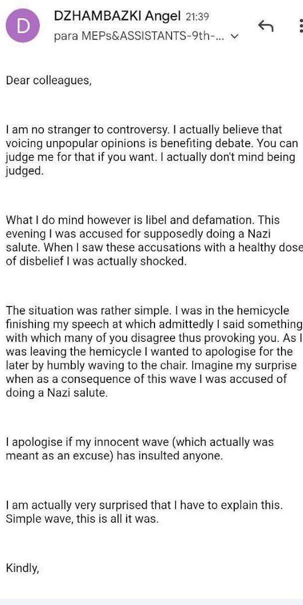 Correo electrónico del eurodiputado búlgaro Angel Dzhambazki pidiendo disculpas.