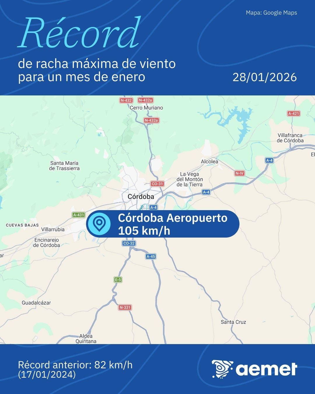 Récord de viento en Córdoba (Aemet).