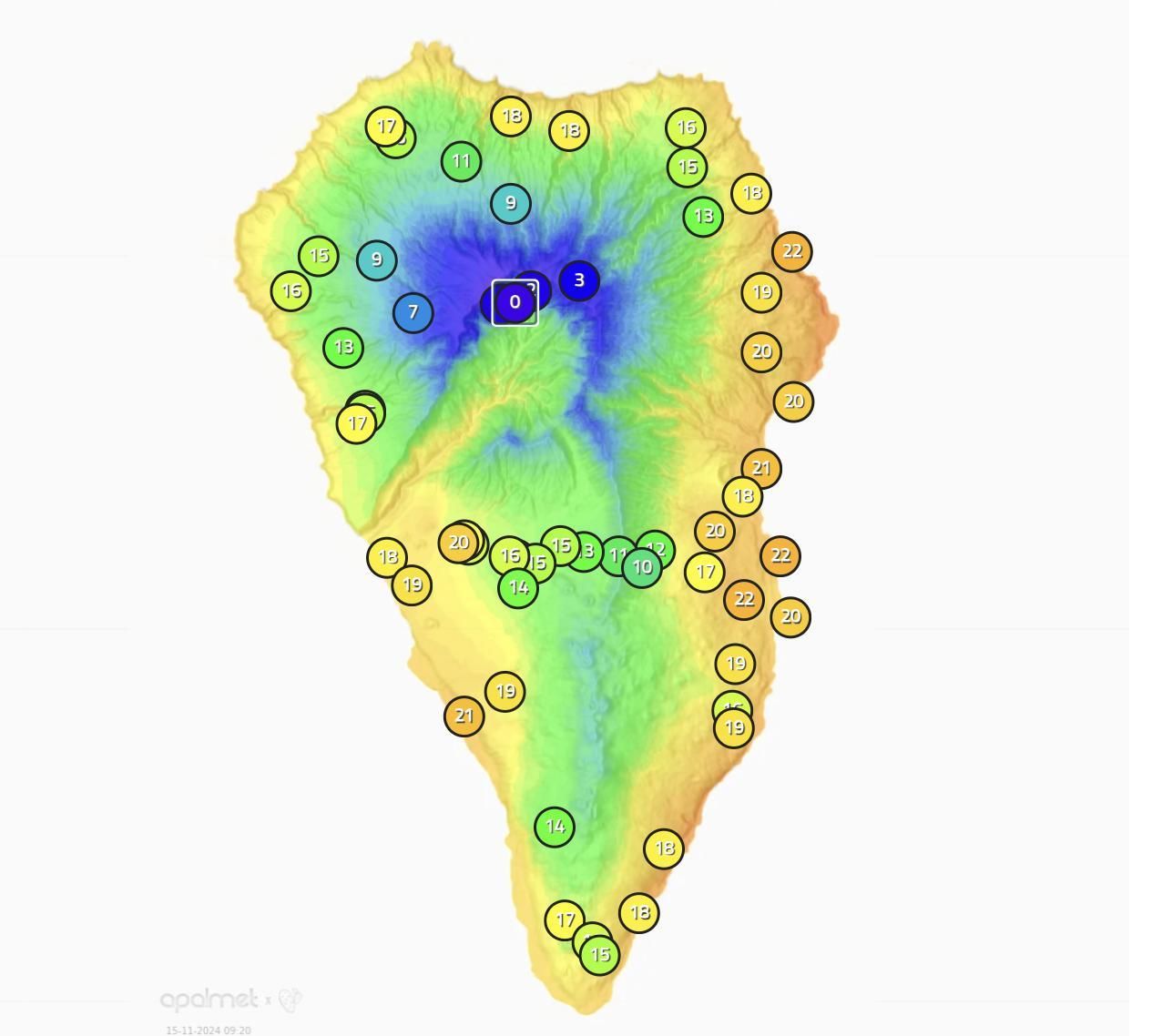 Mapa de Apalmet con los datos de la temperatura en diferentes zonas de La Palma a las 09.10 horas de este viernes, 15 de noviembre.