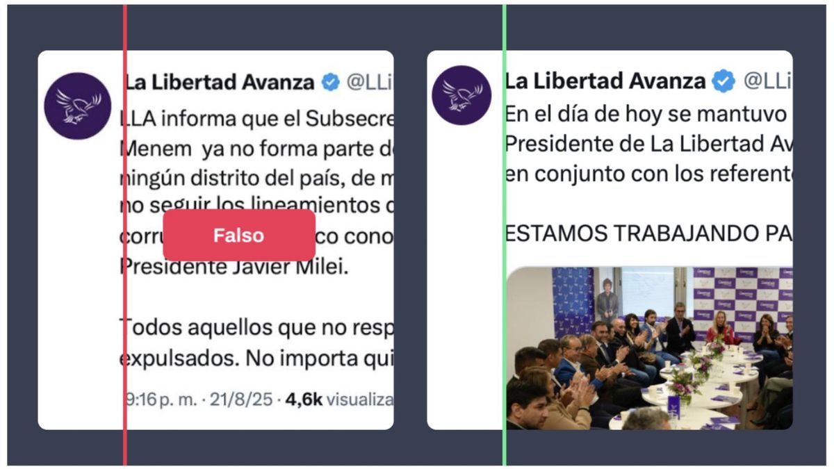 A la izquierda, la captura viral falsa con el usuario y textos desalineados; a la derecha, un tuit verdadero de @LLibertadAvanza con los elementos alineados.