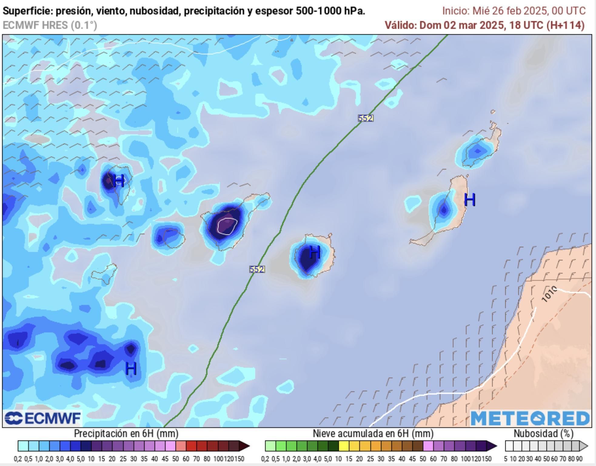 Lluvias previstas este domingo en Canarias, según el modelo europeo.