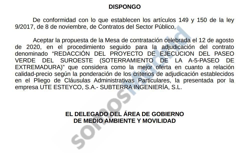 Aceptación de Borja Carabante a la propuesta de adjudicación a la empresa en la que trabaja su hermano