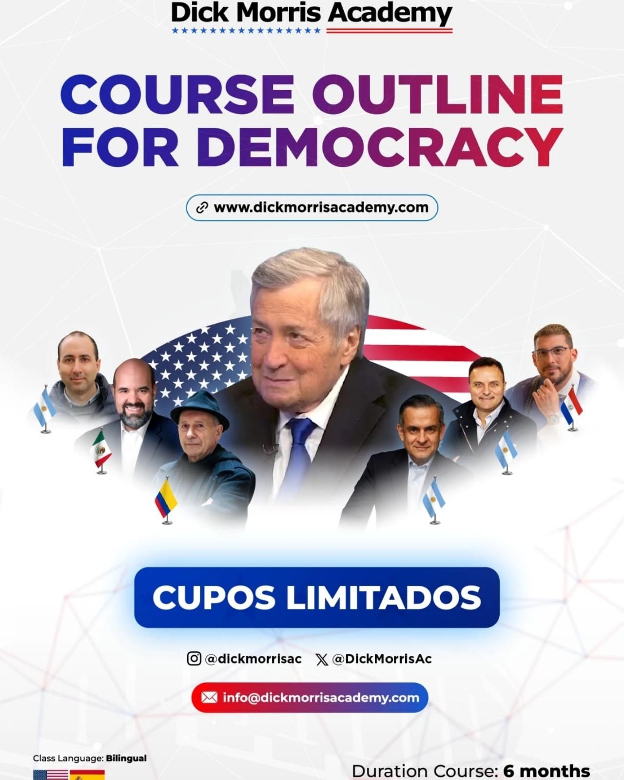 El aviso de la Dick Morris Academy, con Cerimedo (primero a la izquierda) y los argentinos Rosales, Ivoskus y Rivas, a la derecha.