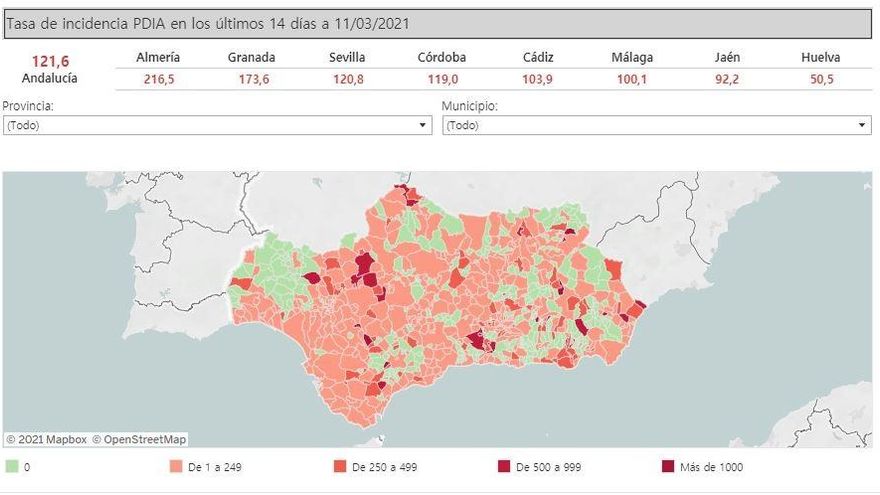 Mapa de Andalucía con nivel de incidencia del Covid-19 por municipios a 11 de marzo de 2021