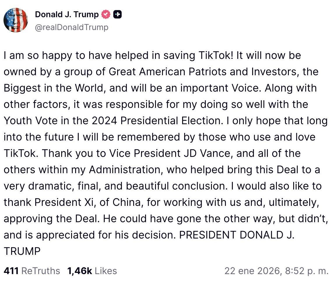 Truth Social de Trump sobre el acuerdo de TikTok.