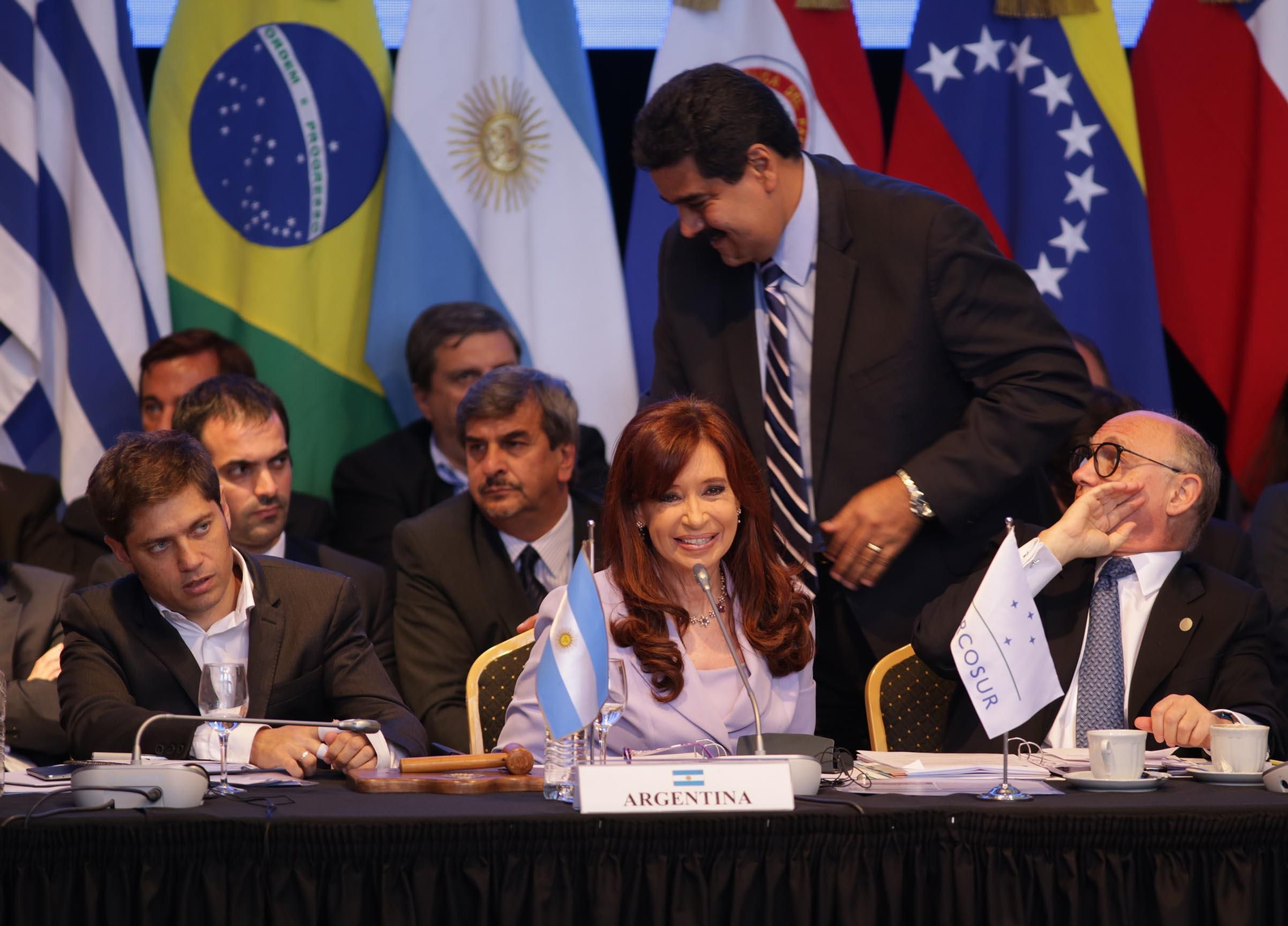 Cristina Fernández de Kirchner junto a Nicolás Maduro, Axel Kicillof y Héctor Timerman en una cumbre del Mercosur en 2014