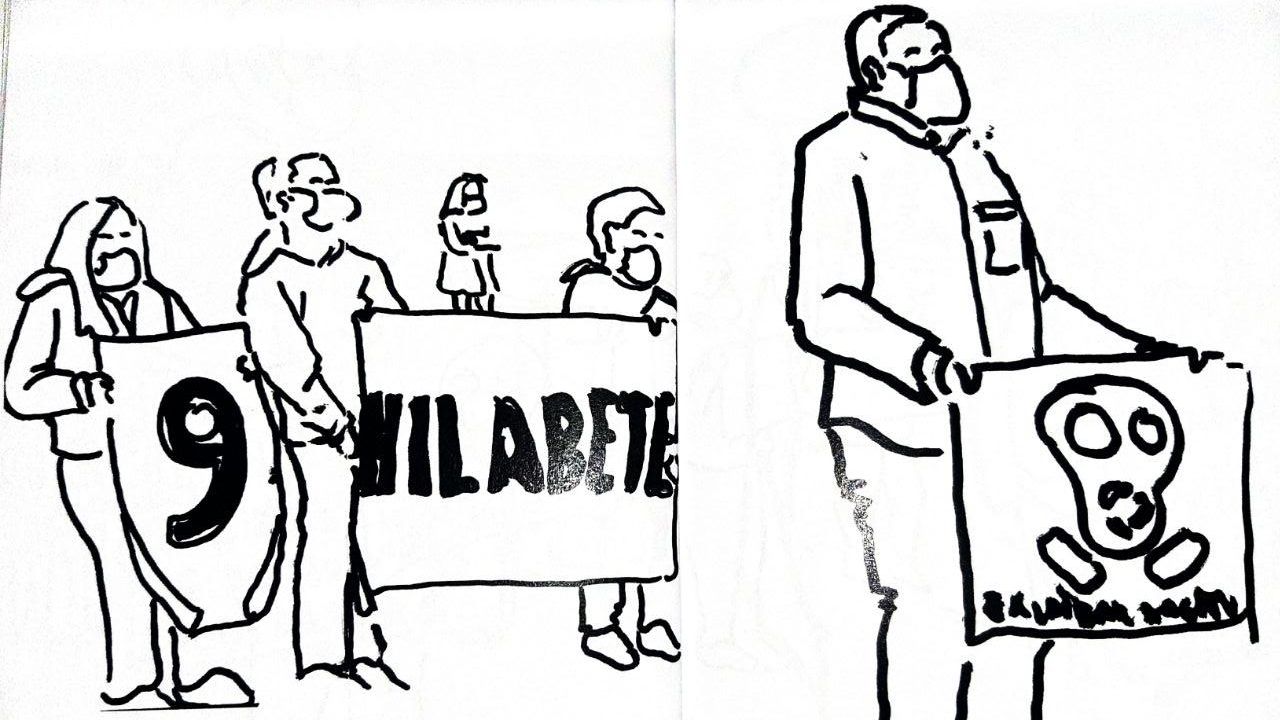 Dibujo de la manifestación tras 9 meses del derrumbamiento de Zaldibar