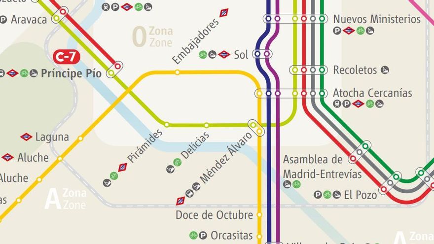 Cercanías Madrid estrena nuevo plano, al que añade carriles bici, el Manzanares y los trenes Civis de Renfe