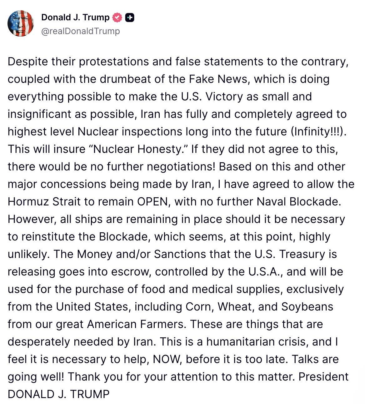 Truth Social de Trump sobre Irán.