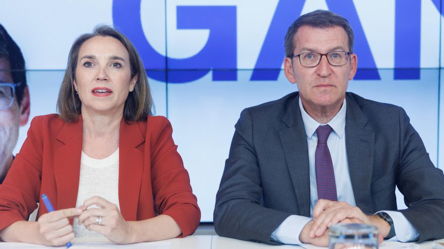 Archivo - El presidente del Partido Popular, Alberto Núñez Feijóo, y la secretaria general del Partido Popular, Cuca Gamarra, durante la Junta Directiva Nacional del PP, a 10 de abril de 2023, en Madrid (España).  Tras el parón de Semana Santa, los partid