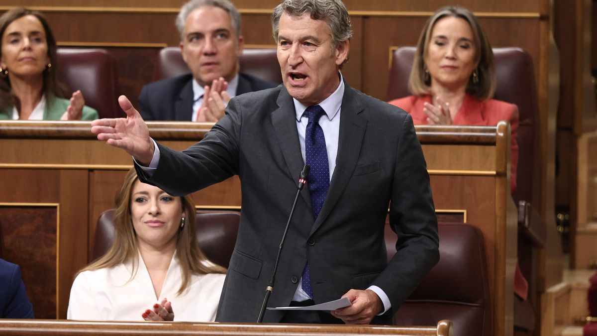 El presidente del Partido Popular, Alberto Núñez Feijóo, interviene durante una sesión de Control al Gobierno, en el Congreso de los Diputados, a 7 de octubre de 2025, en Madrid (España)