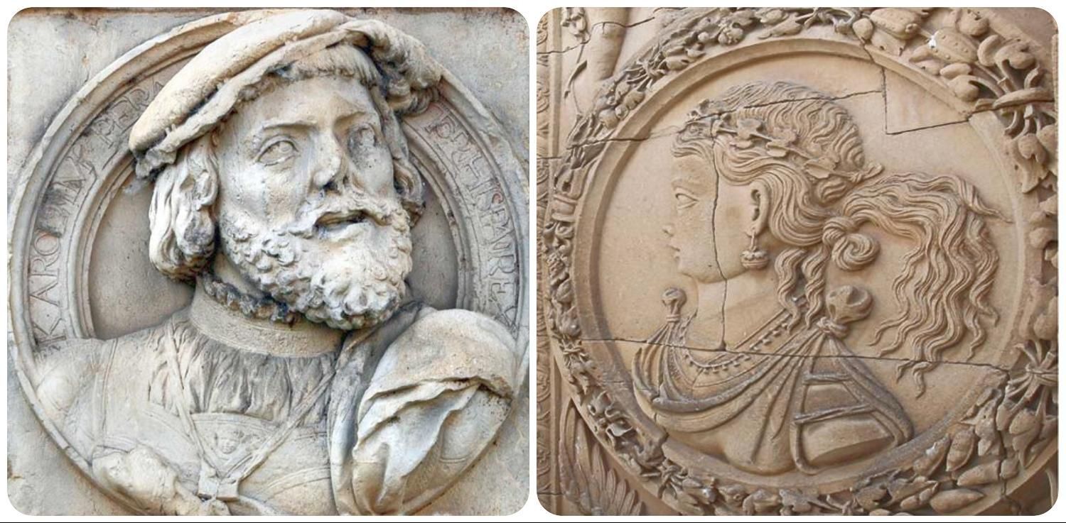 Carlos I de España y V de Alemania en San Marcos de León y su madre Juana I de Castilla, León y Aragón (en una representación clasicista en la Universidad de Salamanca).