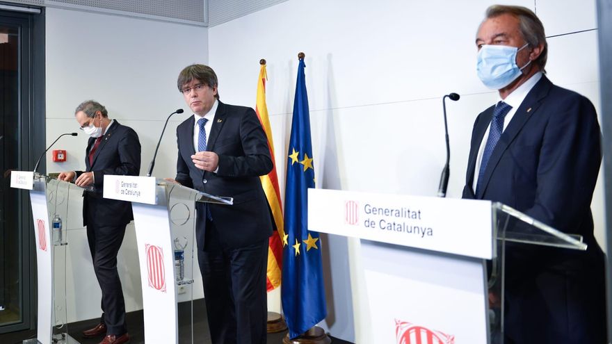 Los expresidentes de la Generealitat Artur Mas, Carles Puigdemont y Quim Torra en Perpignan (Francia)