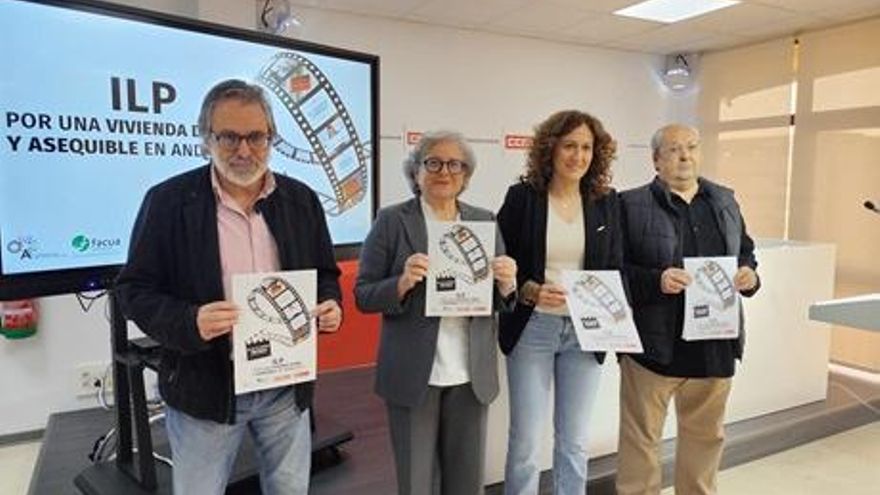 Imagen de la presentación de la ILP de vivienda por paret de Sindicatos, Facua y Red Vecinal Andaluza.