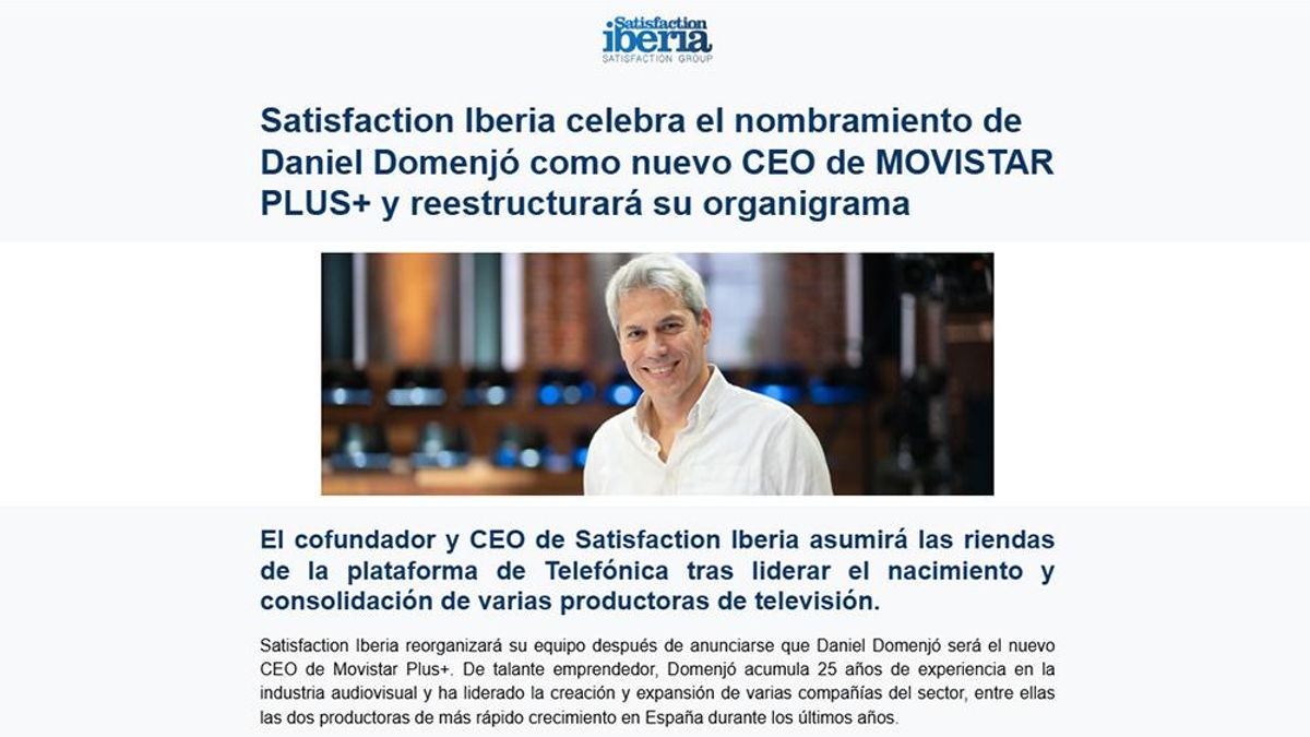 Captura del comunicado de Satisfaction Iberia, que ha oficializado el fichaje de Domenjó