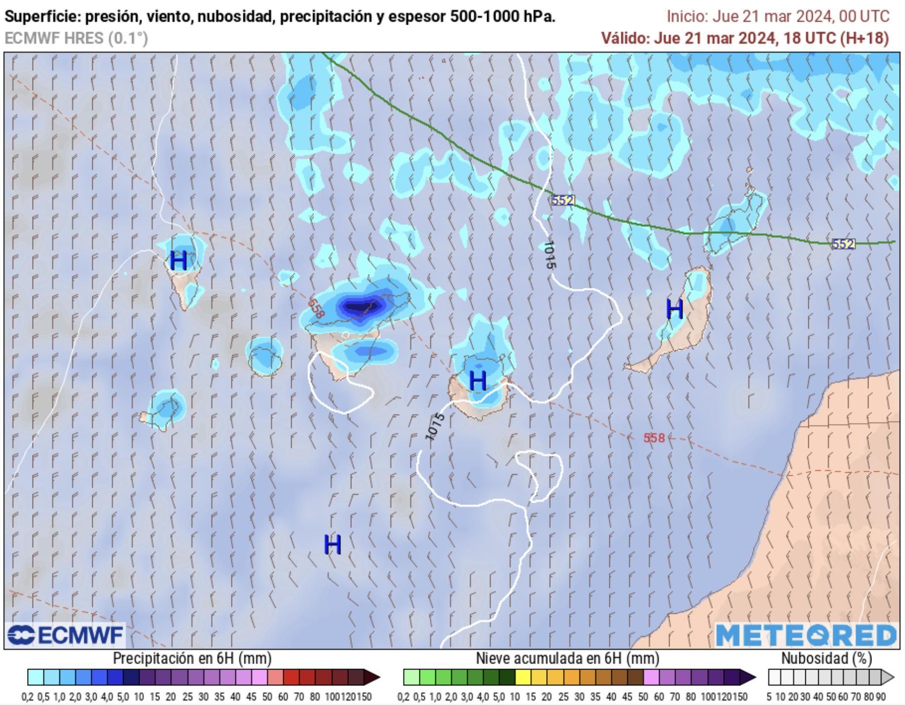 Aumenta la nubosidad y aparece la lluvia en el norte de algunas islas, según el modelo europeo para la tarde de este jueves.