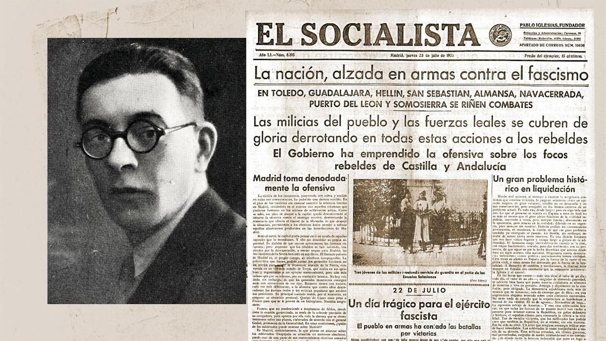 Julián Zugazagoitia junto a una de las portadas de El Socialista que dirigió entre 1932 y 1937