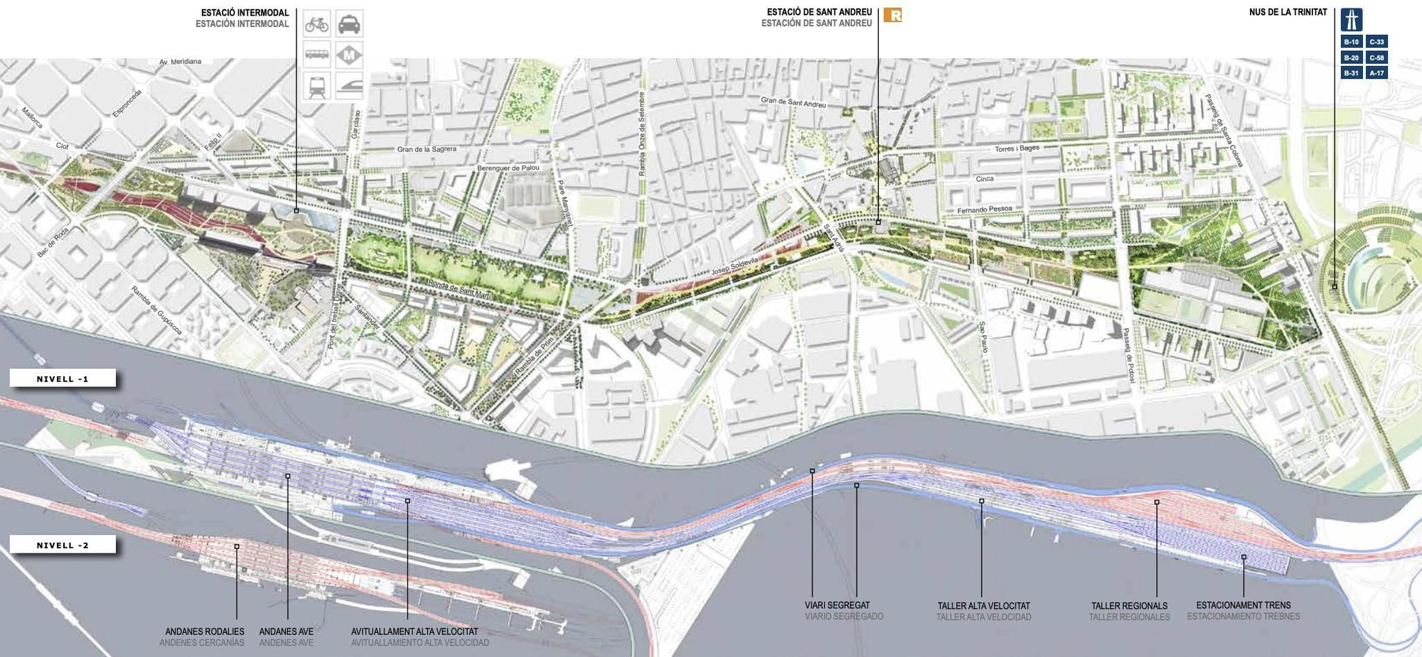Mapa de todo el tramo de obras desde la Sagrera hasta el Nus de la Trinitat