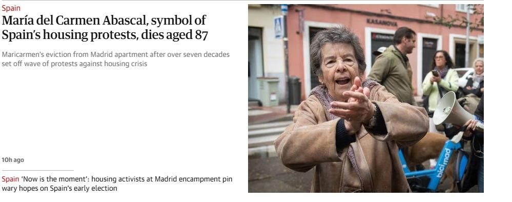 El periódico británico 'The Guardian' cuenta la muerte de Maricarmen tras ser desahuciada a los 87 años