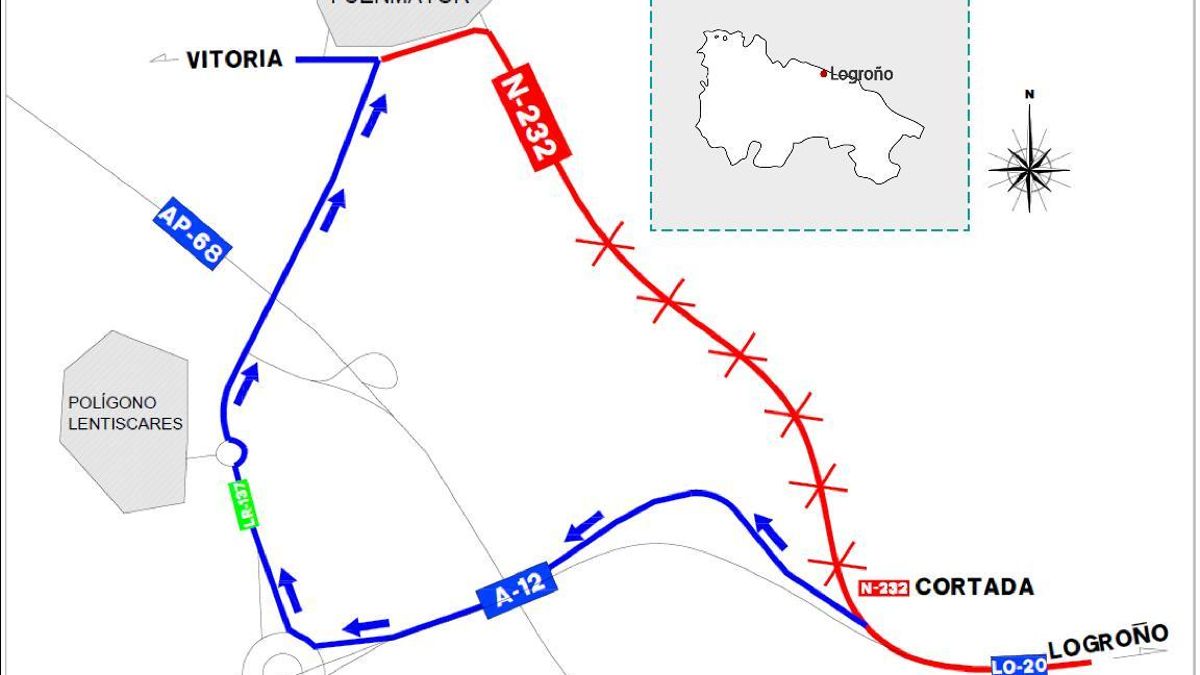 Se cortará el tráfico de la N-232 entre los km 418 a 420 en sentido Fuenmayor