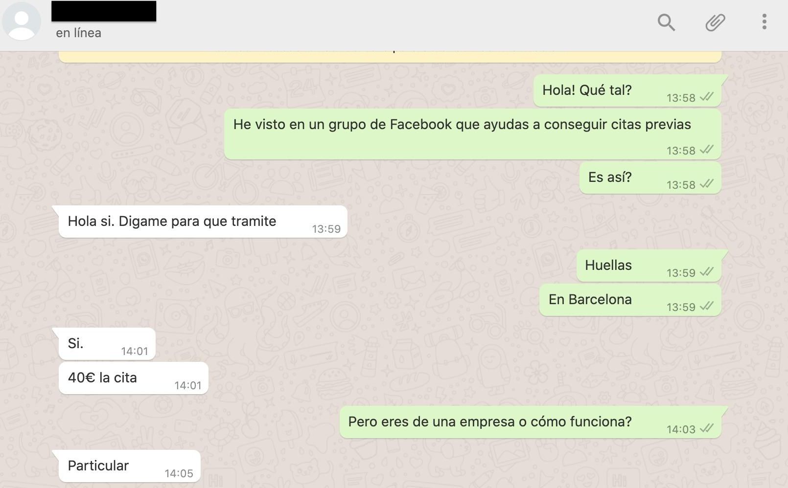 Conversación por Whatsapp con María (nombre ficticio), quien vende citas previas de extranjería de forma particular