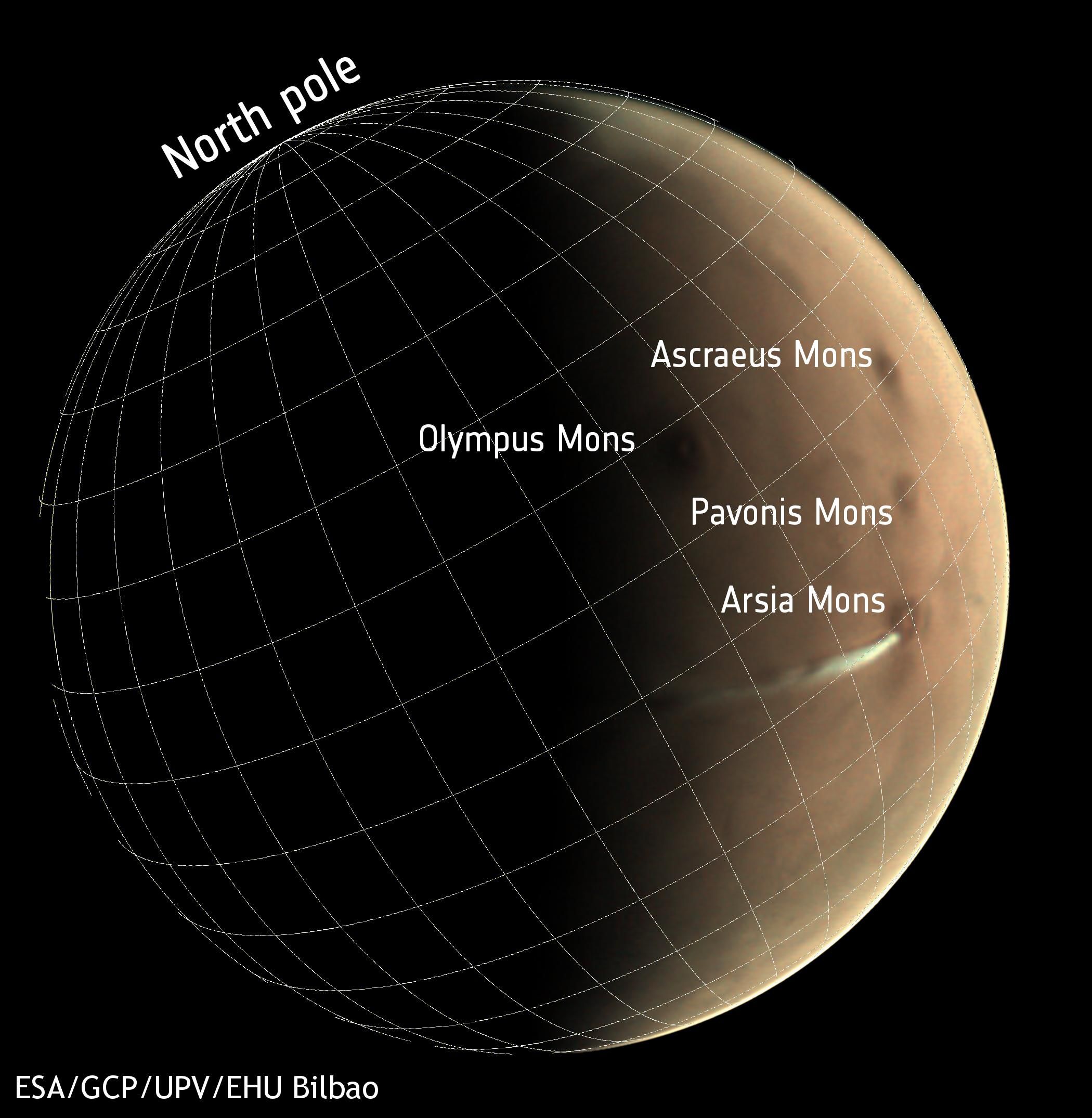 Posición de la nube alargada en el planeta Marte.