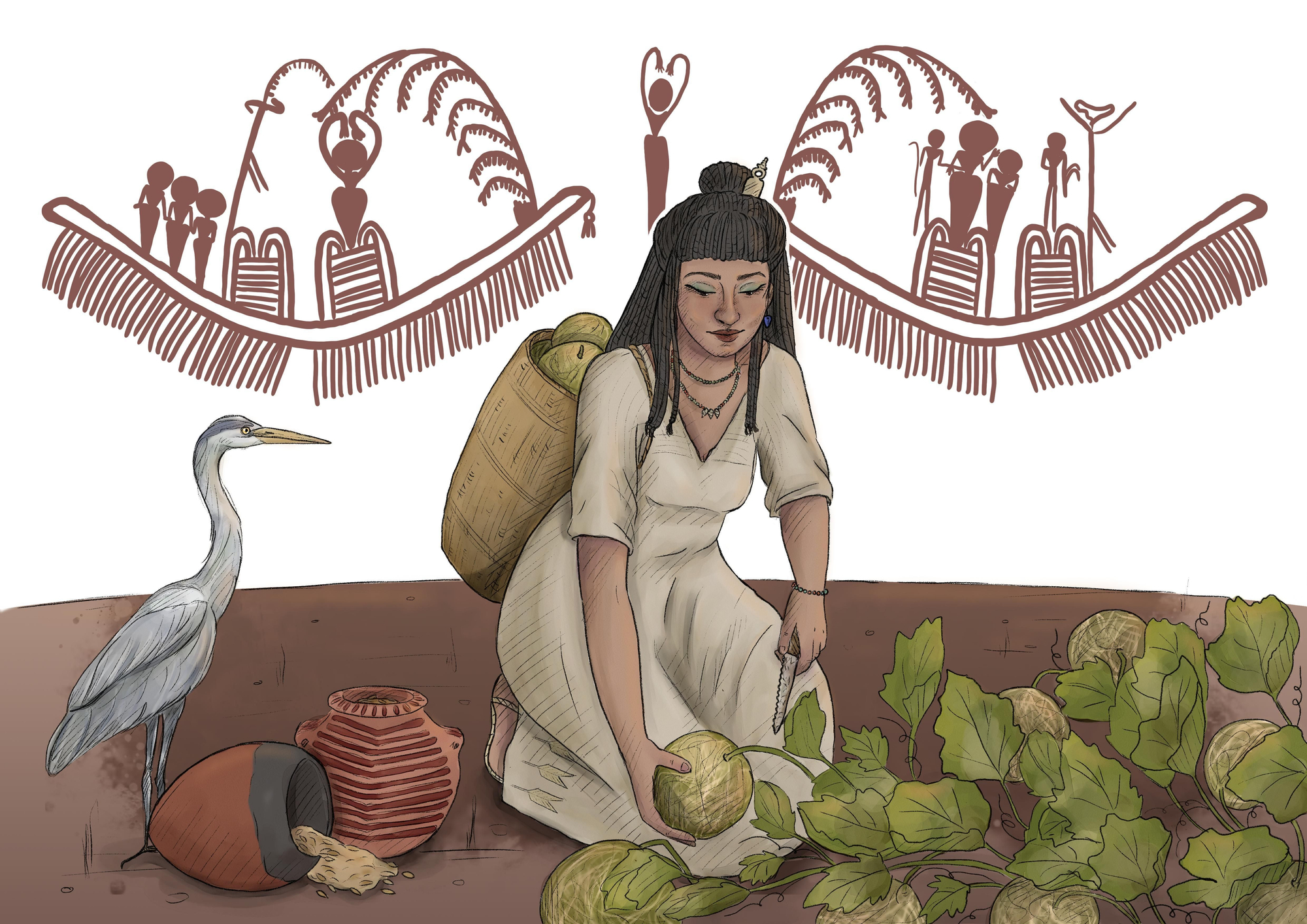 Representación de una mujer egipcia de la cultura Naqada recogiendo melones a la espalda