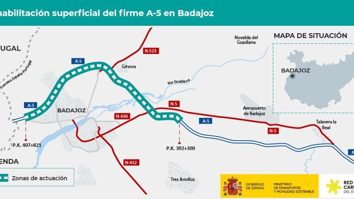Cortes de tráfico a partir de este martes en Badajoz por las obras en el firme de la A-5