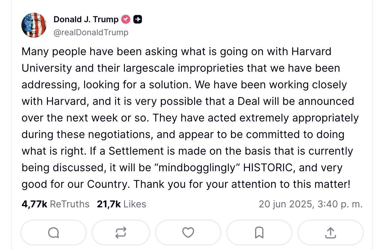 Truth Social de Trump sobre Harvard.