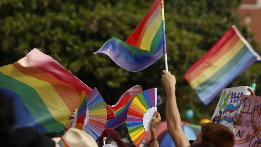 Un grupo de banderas que identifican a la comunidad LGTBI+ fue registrado este domingo, 2 de julio, durante la marcha del Orgullo 2023, en Medellín (Colombia). EFE/Luis Noriega