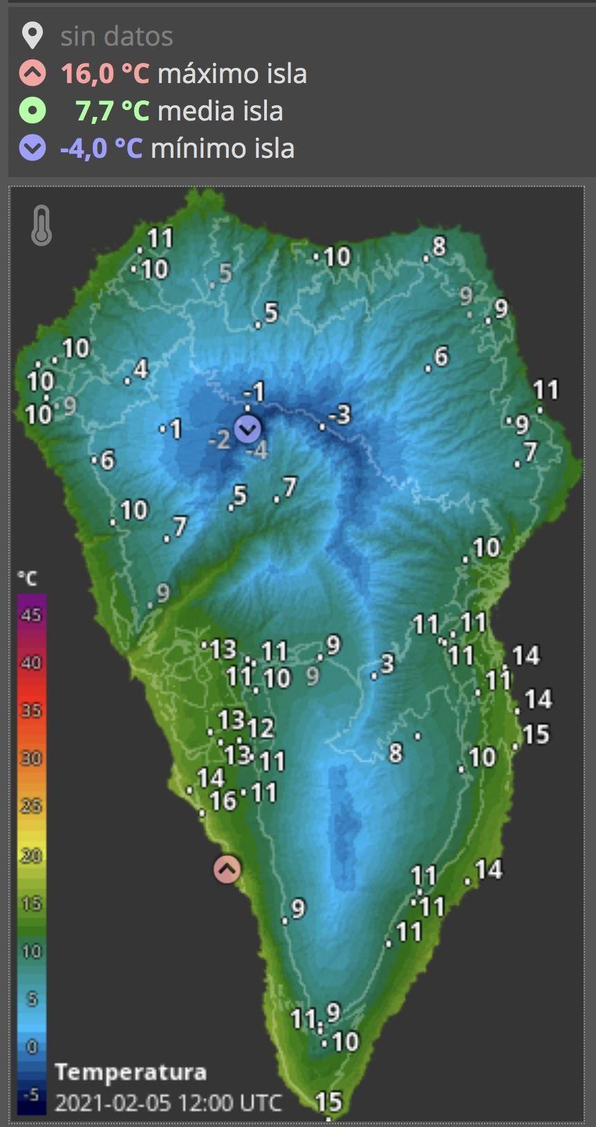 Mapa de HD Meteo La Palma donde se indica la temperatura que, a las  12.00 horas de este viernes,5 de febrero, se registraba en distintos puntos de La Palma.
