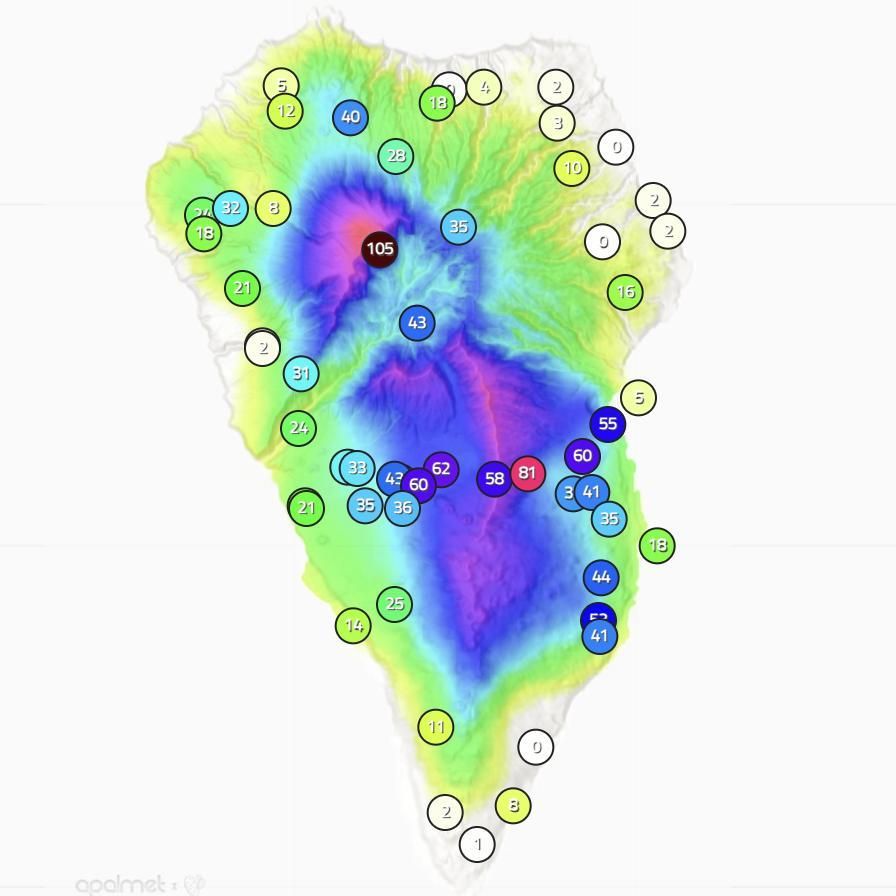 Mapa de Apalmet de la lluvia registrada en diferentes puntos de La Palma, este viernes, hasta las 14.05 horas.