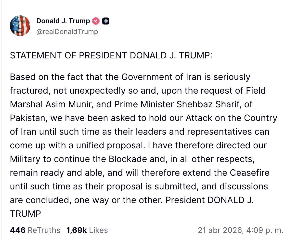 Truth Social de Trump ampliando el alto el fuego en Irán.