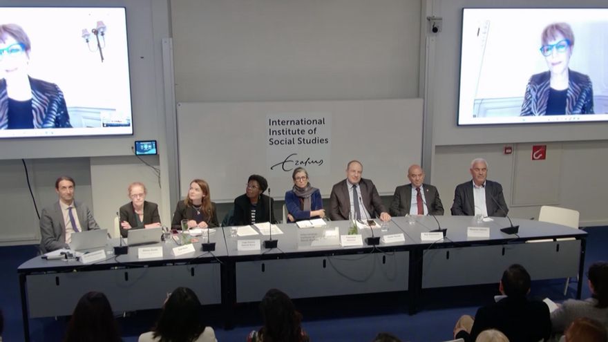 Algunos de los integrantes de la Corte Penal Internacional sancionados por EEUU, la relatora de la ONU y varias organizaciones palestinas. La Haya, este jueves 