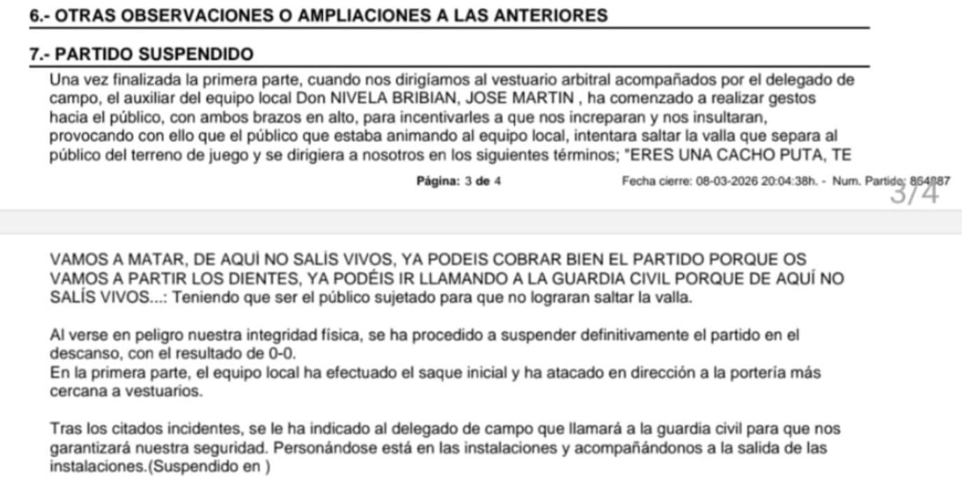 Extracto del acta donde consta la denuncia de la árbitro principal