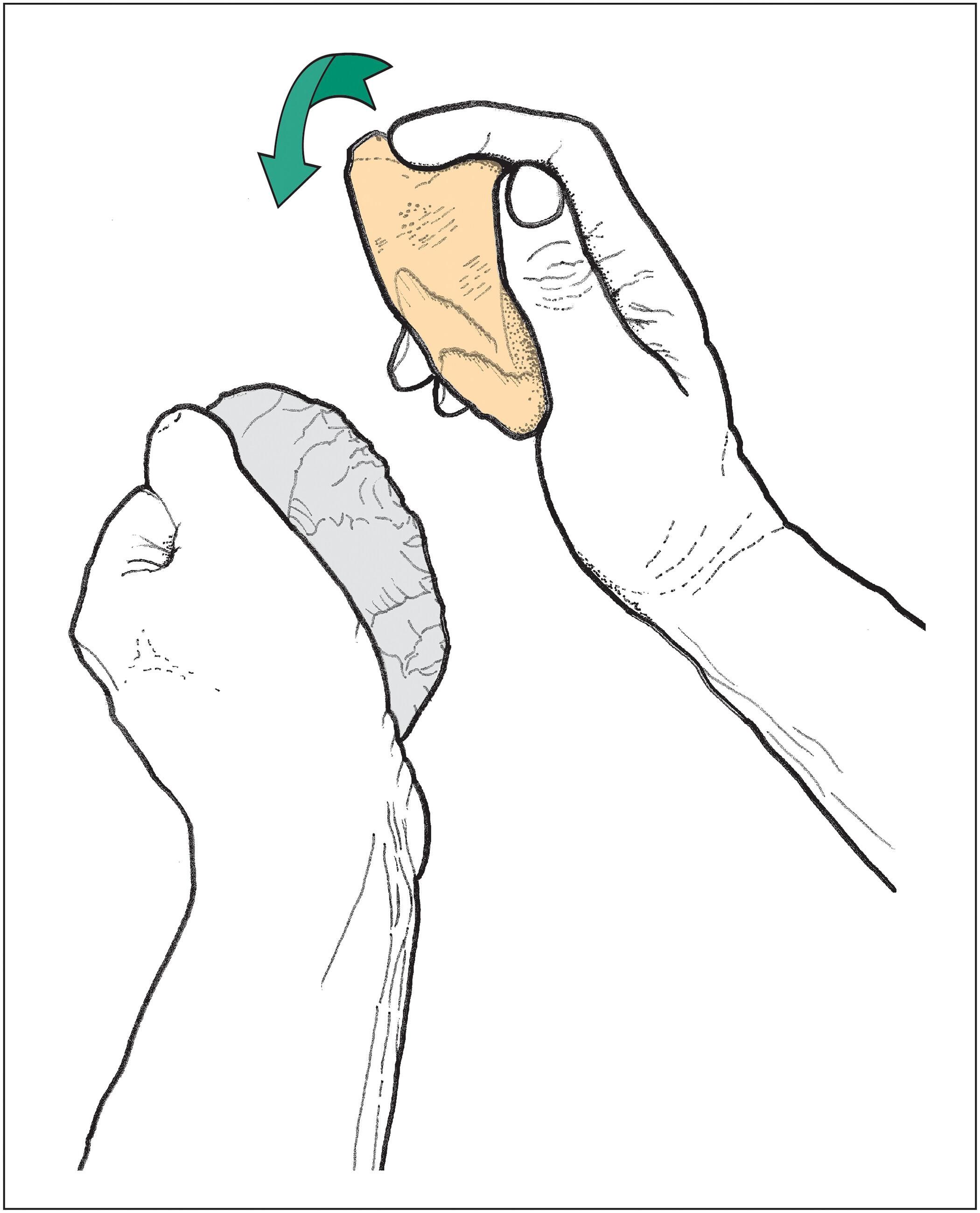 Reconstrucción que ilustra el uso del martillo de hueso de elefante para afilar el filo de un hacha de mano