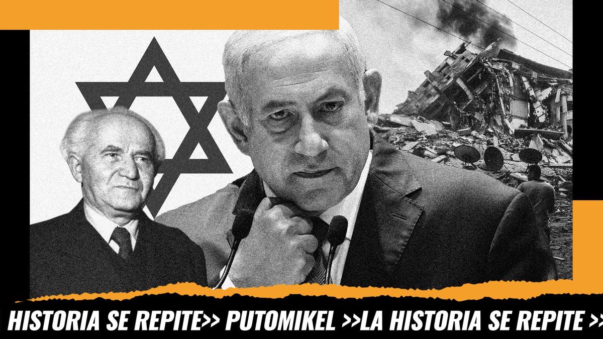 Montaje de izq. a dcha: David Ben-Gurión, primer ministro de Israel sobre su bandera, Benjamín Netanyahu y un bombardeo sobre Gaza
