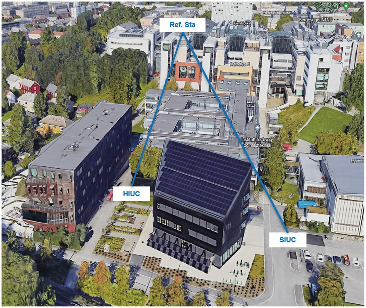 Mapa de satélite de cânions urbanos experimentais em Trondheim, Noruega: representação das zonas SIUC e HIUC utilizadas para o estudo. O SIUC caracteriza problemas padrão de GNSS urbano comuns nas cidades, enquanto o HIUC identifica áreas com maiores dificuldades de posicionamento devido a ruas estreitas e possíveis obstáculos. A localização da estação de referência também é destacada.